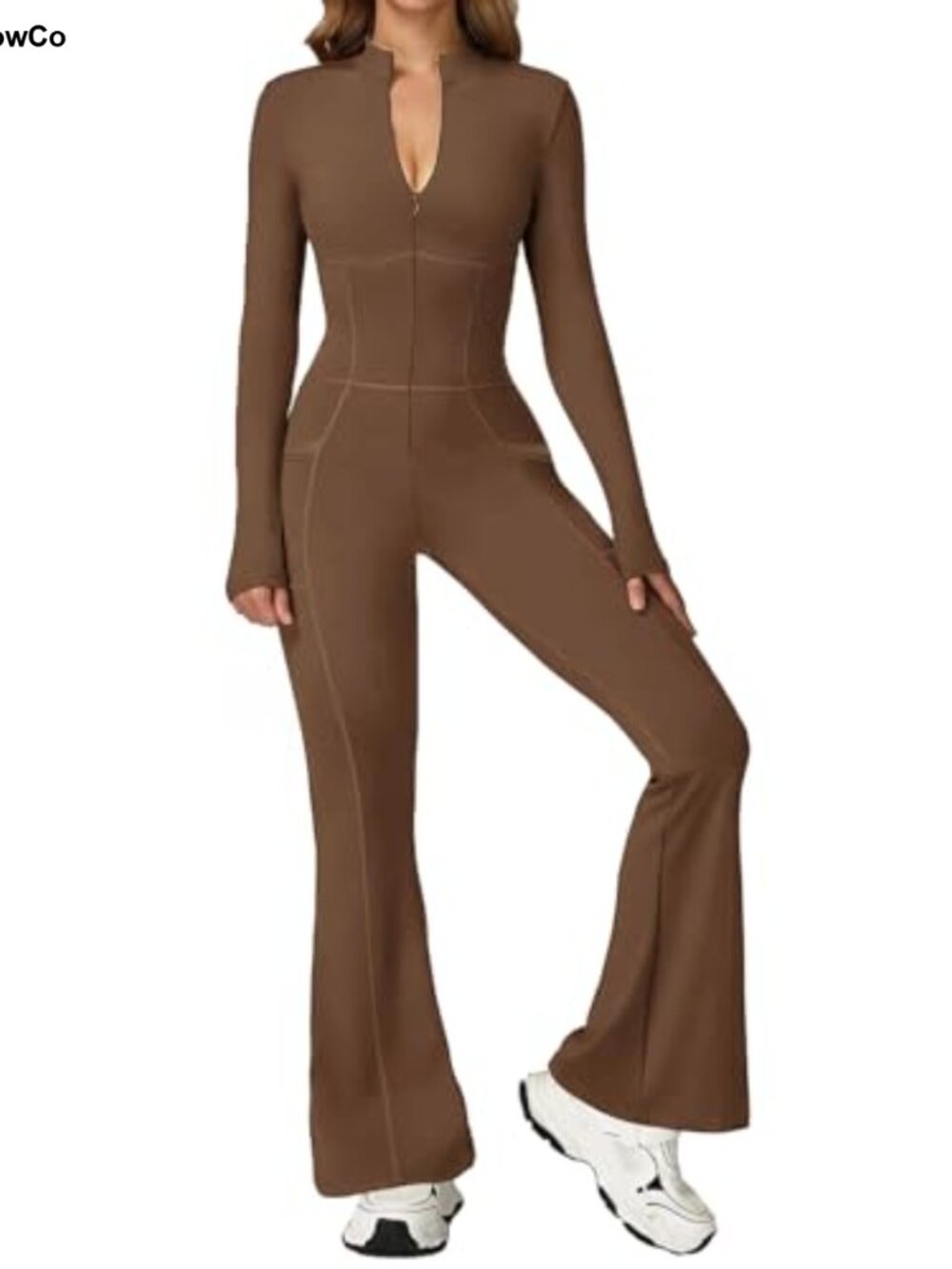 ECUPPER Long Sleeve Flared Jumpsuit Zip Up Catsuit Unitard